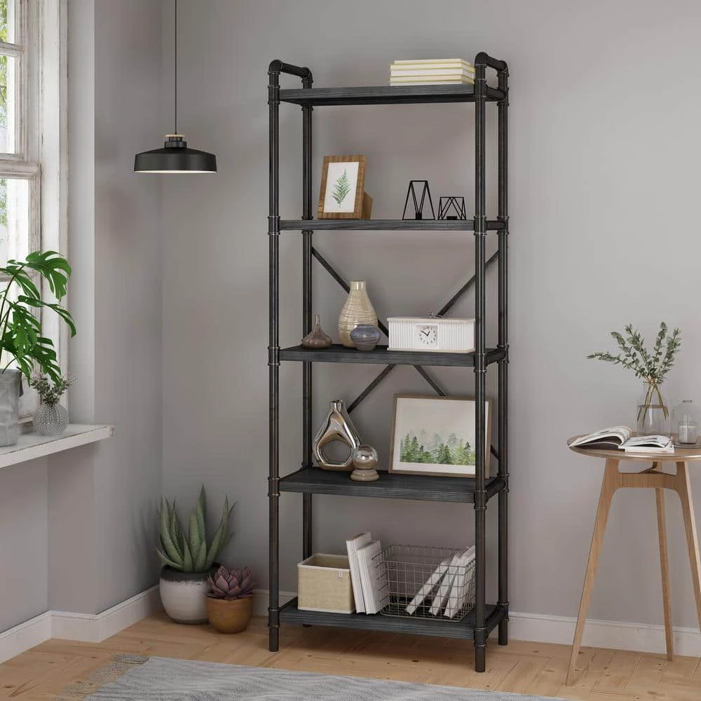 Driscoe 71 in. Grey Metal 5-Shelf Etagere Bookcase with Open Back by Noble House - Image 6