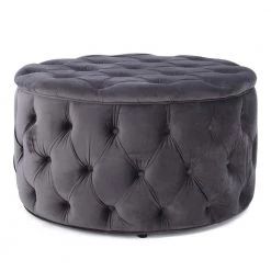 Aaden Grey New Velvet Tufted Ottoman by Noble House