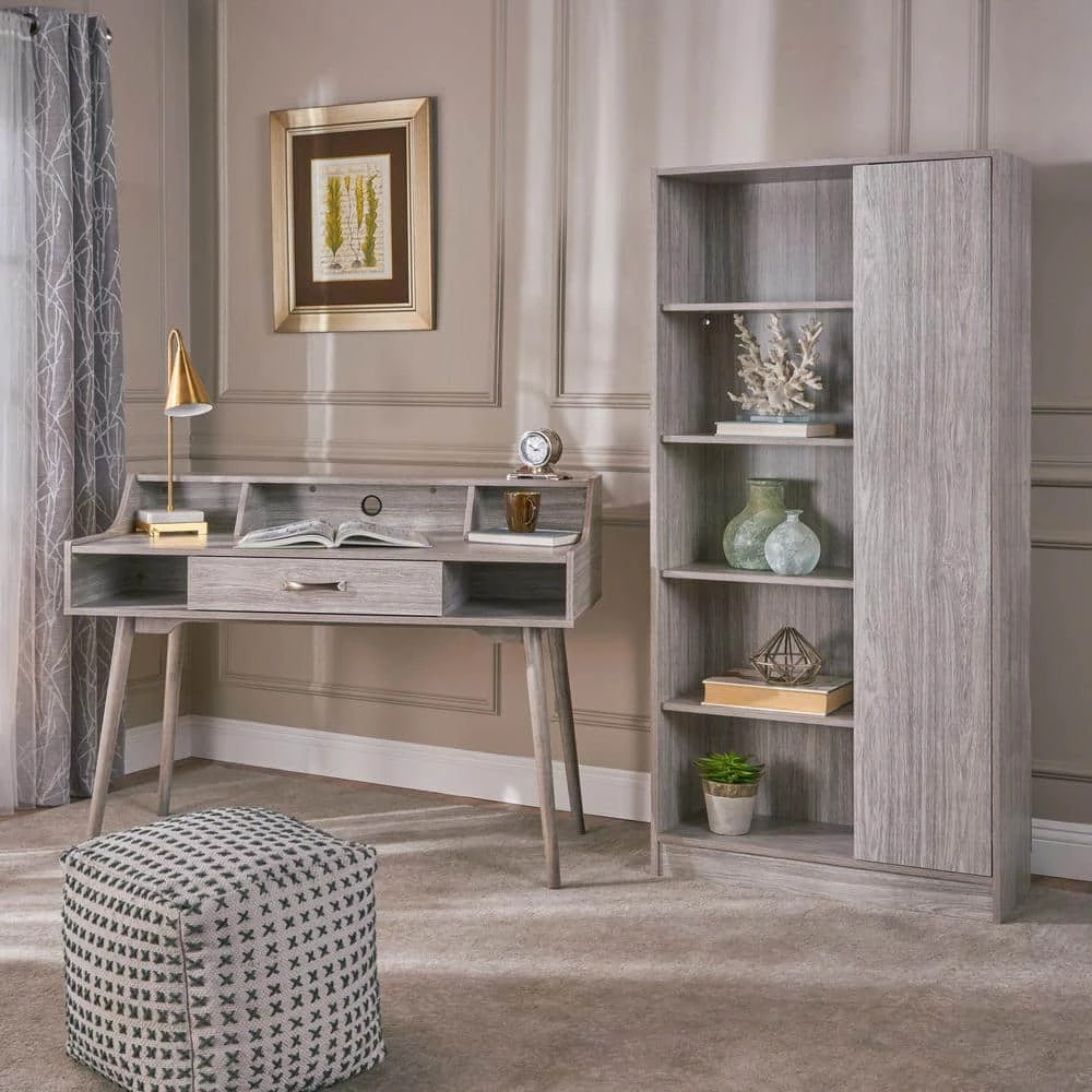 Brenda 47.24 in. Rectangular Grey Oak Wood 1-Drawer Desk with Bookcase by Noble House - Image 9