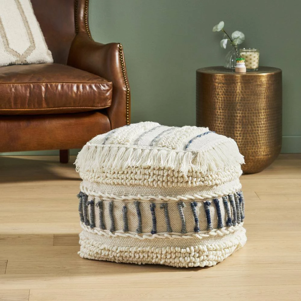 Leif Ivory and Blue Handcrafted Fabric Cube Pouf by Noble House - Image 11