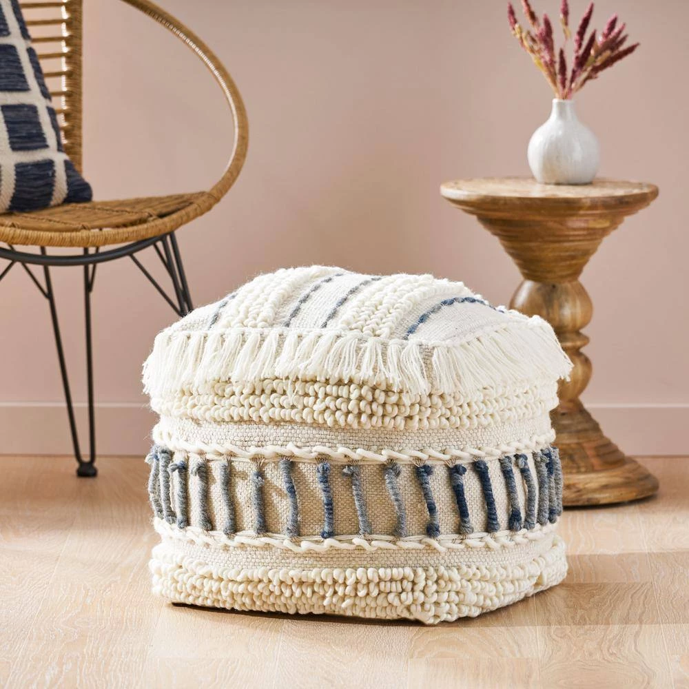 Leif Ivory and Blue Handcrafted Fabric Cube Pouf by Noble House - Image 4