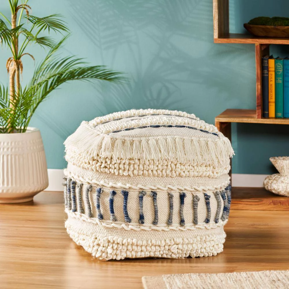 Leif Ivory and Blue Handcrafted Fabric Cube Pouf by Noble House - Image 10