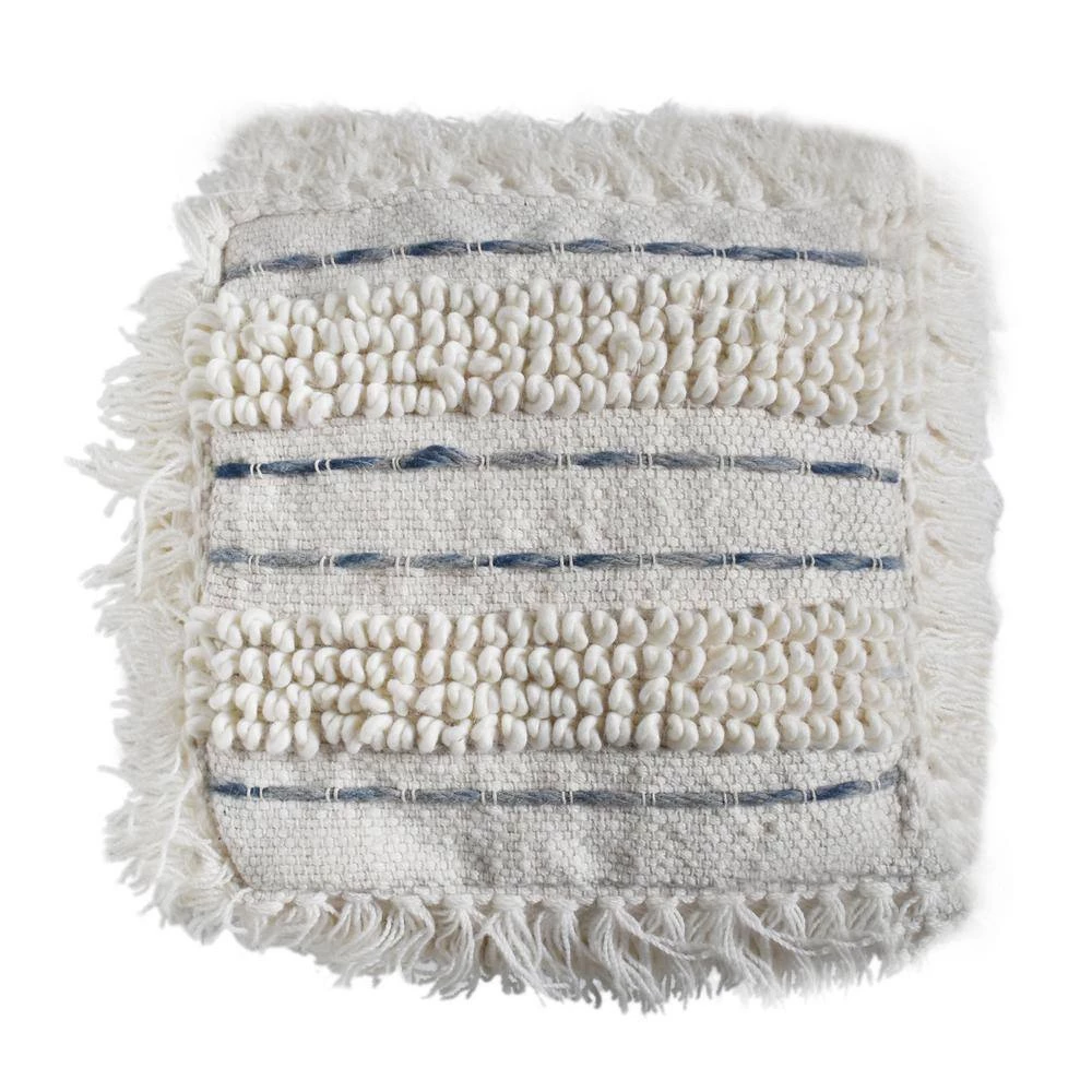 Leif Ivory and Blue Handcrafted Fabric Cube Pouf by Noble House - Image 3