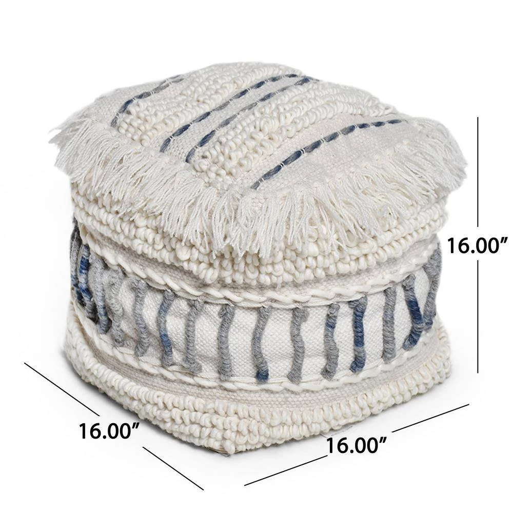 Leif Ivory and Blue Handcrafted Fabric Cube Pouf by Noble House - Image 9