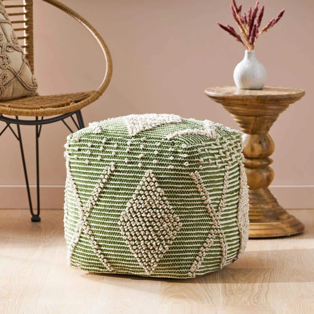 Sylas Ivory and Cedar Green Handcrafted Faux Yarn Cube Pouf by Noble House - Image 10