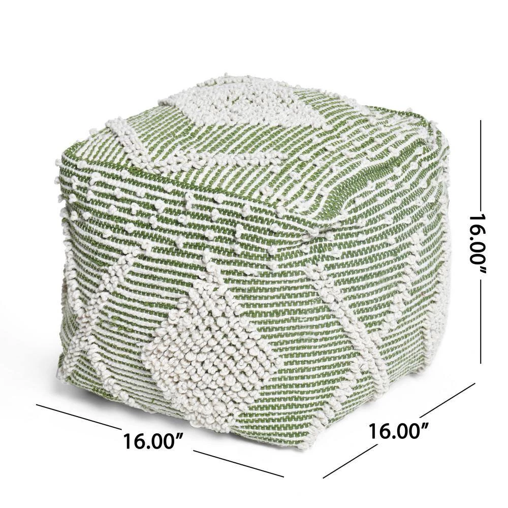 Sylas Ivory and Cedar Green Handcrafted Faux Yarn Cube Pouf by Noble House - Image 7