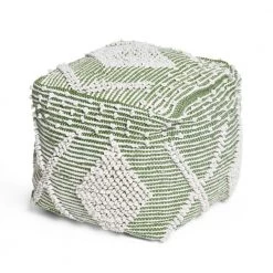 Sylas Ivory and Cedar Green Handcrafted Faux Yarn Cube Pouf by Noble House