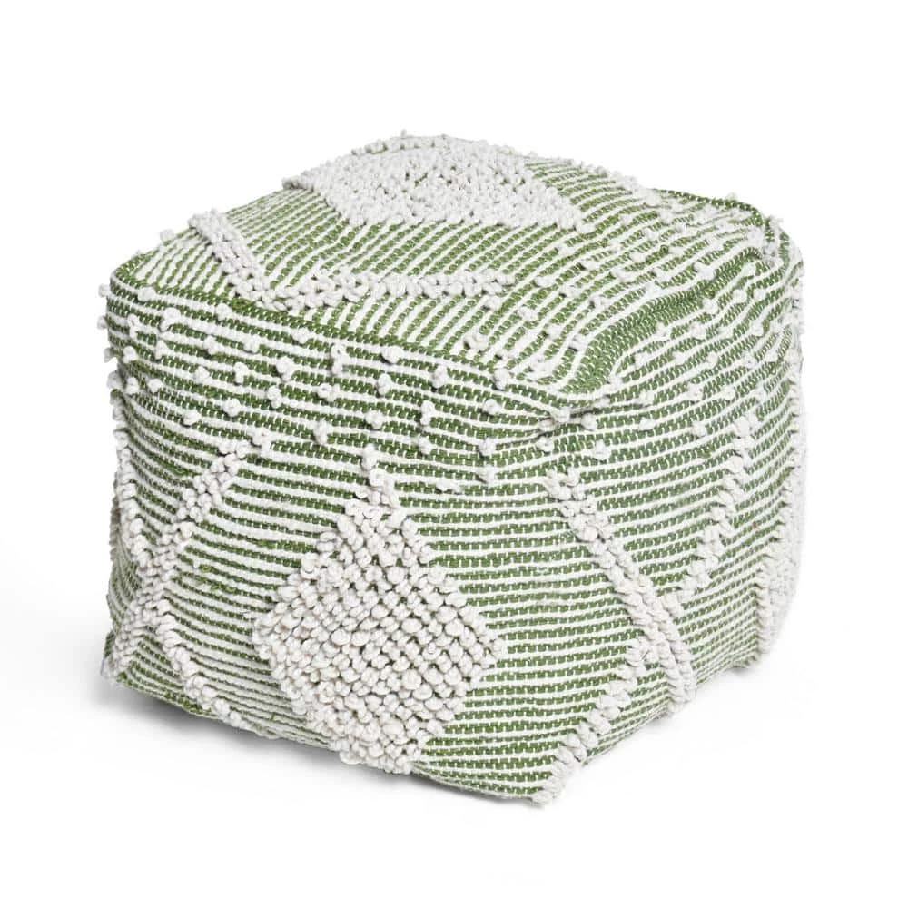 Sylas Ivory and Cedar Green Handcrafted Faux Yarn Cube Pouf by Noble House