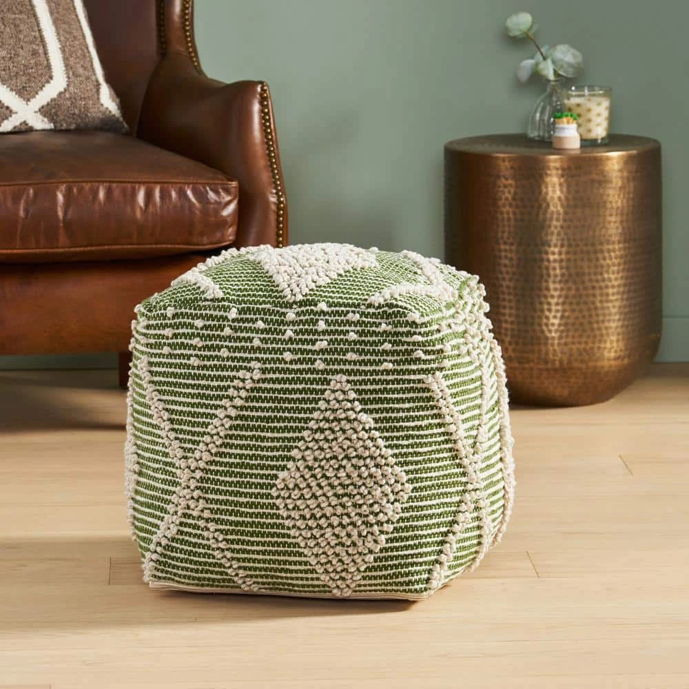 Sylas Ivory and Cedar Green Handcrafted Faux Yarn Cube Pouf by Noble House - Image 9