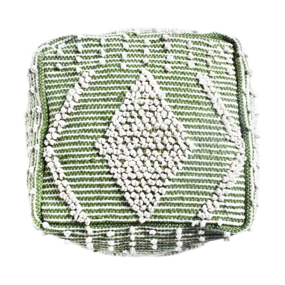 Sylas Ivory and Cedar Green Handcrafted Faux Yarn Cube Pouf by Noble House - Image 3