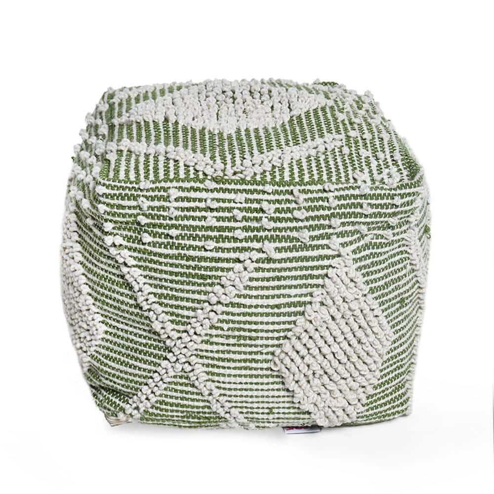 Sylas Ivory and Cedar Green Handcrafted Faux Yarn Cube Pouf by Noble House - Image 2