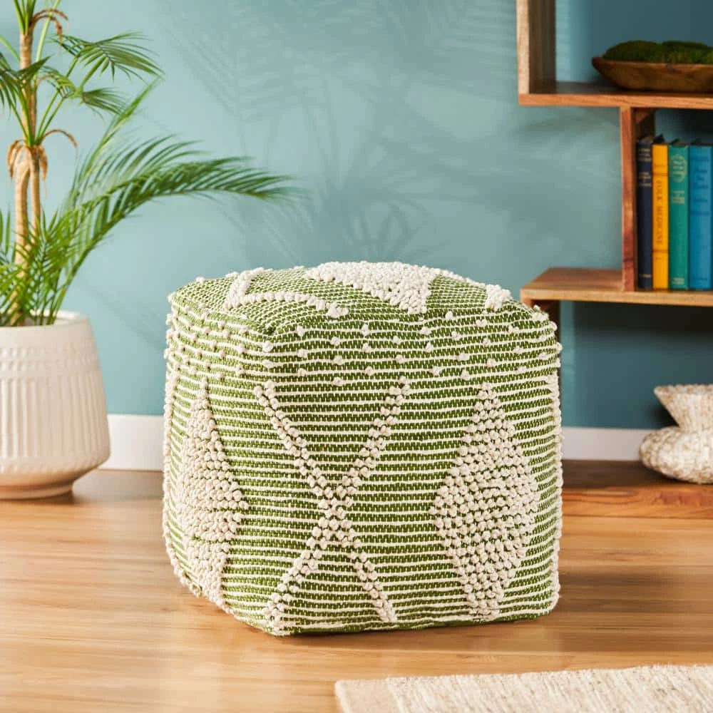 Sylas Ivory and Cedar Green Handcrafted Faux Yarn Cube Pouf by Noble House - Image 8