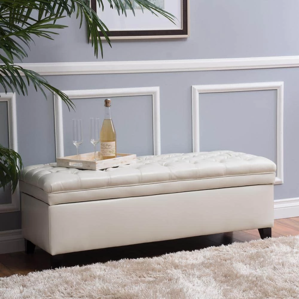 Juliana Tufted Ivory PU Leather Storage Bench by Noble House - Image 6