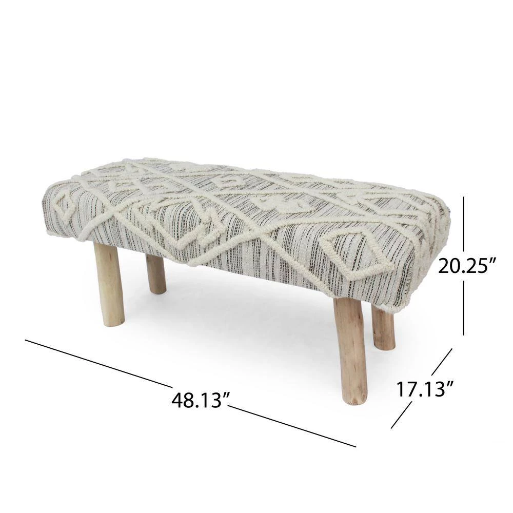 Laveta Ivory Knit and Natural Wool and Fabric Upholstered Bench by Noble House - Image 5