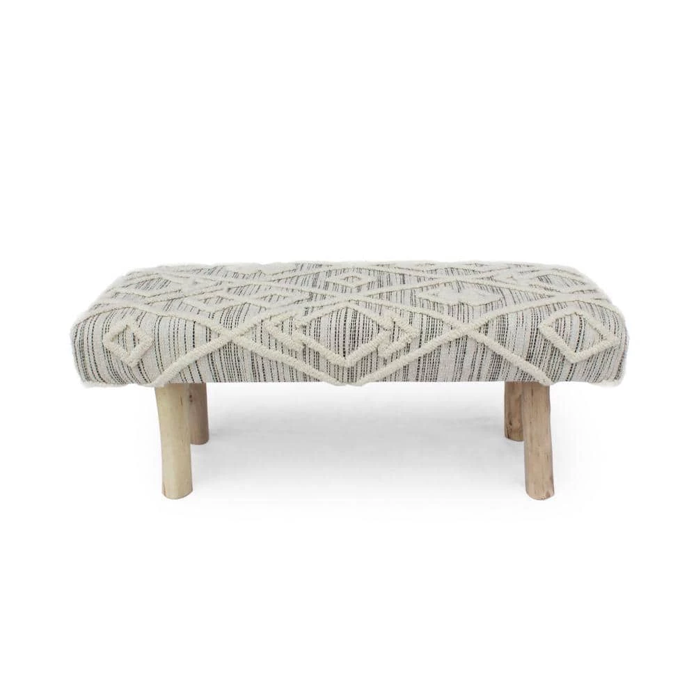 Laveta Ivory Knit and Natural Wool and Fabric Upholstered Bench by Noble House
