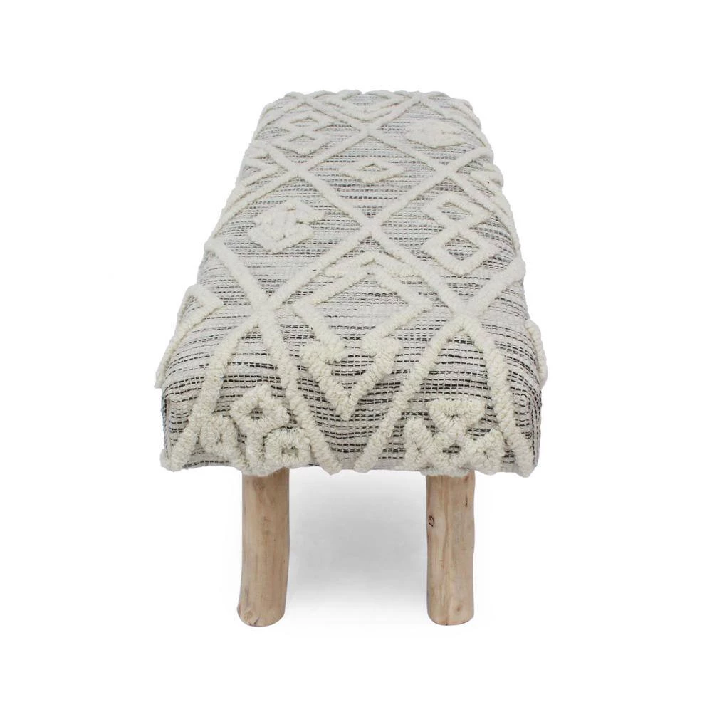 Laveta Ivory Knit and Natural Wool and Fabric Upholstered Bench by Noble House - Image 2