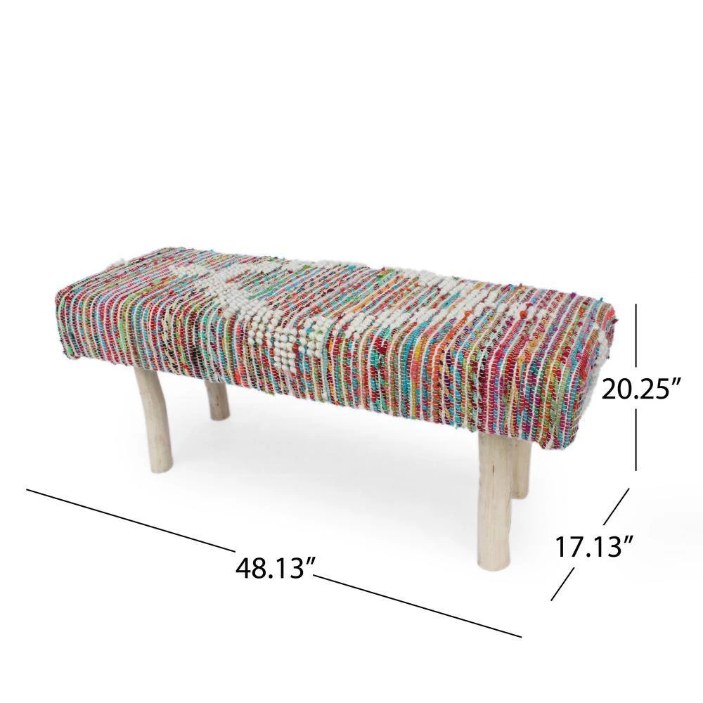 Laveta Ivory, Multicolor, and Natural Fabric Upholstered Bench by Noble House - Image 5