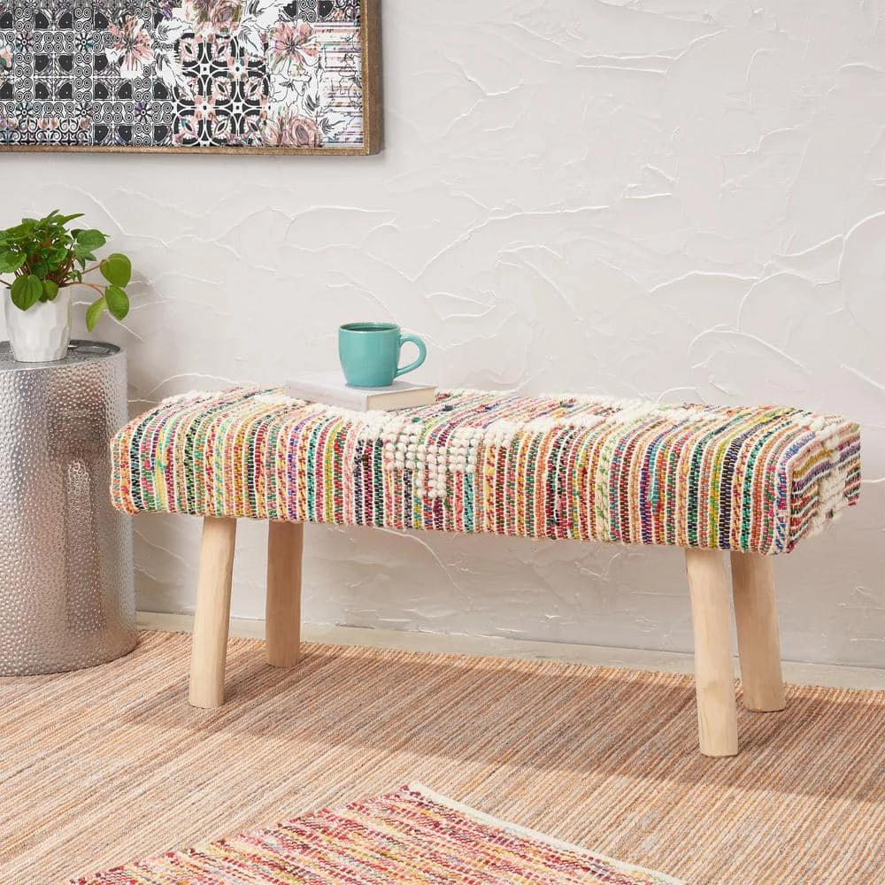 Laveta Ivory, Multicolor, and Natural Fabric Upholstered Bench by Noble House - Image 9