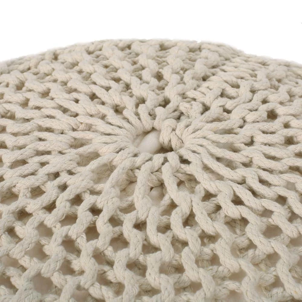 Maysville Ivory Cotton Knitted Round Pouf by Noble House - Image 6