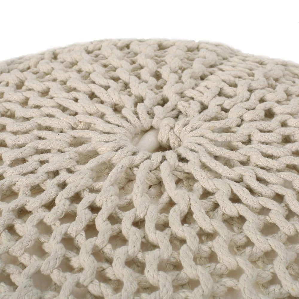 Maysville Ivory Cotton Knitted Round Pouf by Noble House - Image 4