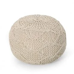 Maysville Ivory Cotton Knitted Round Pouf by Noble House