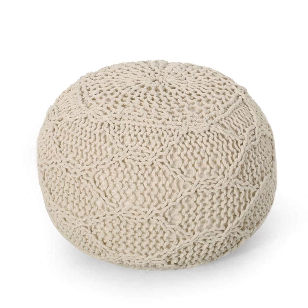 Maysville Ivory Cotton Knitted Round Pouf by Noble House