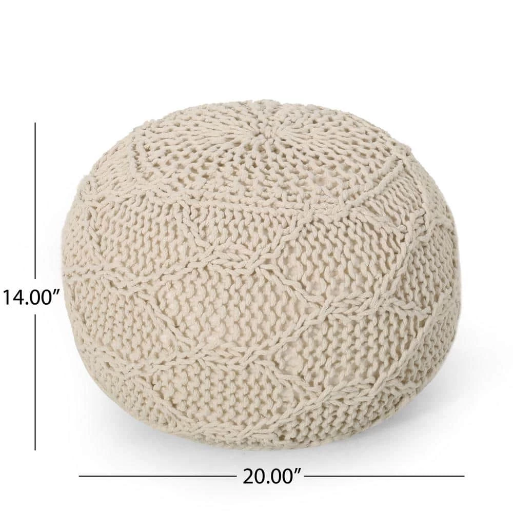 Maysville Ivory Cotton Knitted Round Pouf by Noble House - Image 3