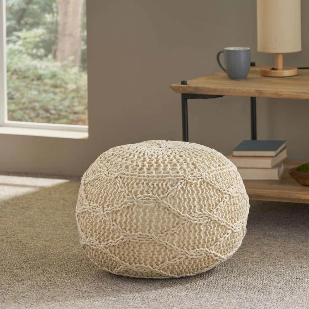 Maysville Ivory Cotton Knitted Round Pouf by Noble House - Image 2