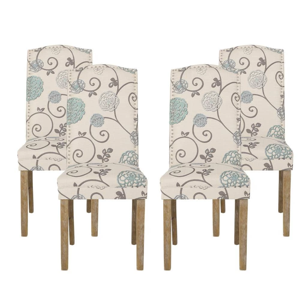 Aruda Light Beige, Blue and Natural Fabric Dining Chair (Set of 4) by Noble House