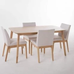 Kwame 5-Piece Light Beige Fabric and Natural Oak 60 in. Dining Set by Noble House