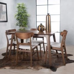 Idalia 5-Piece Light Beige and Natural Walnut Dining Set by Noble House