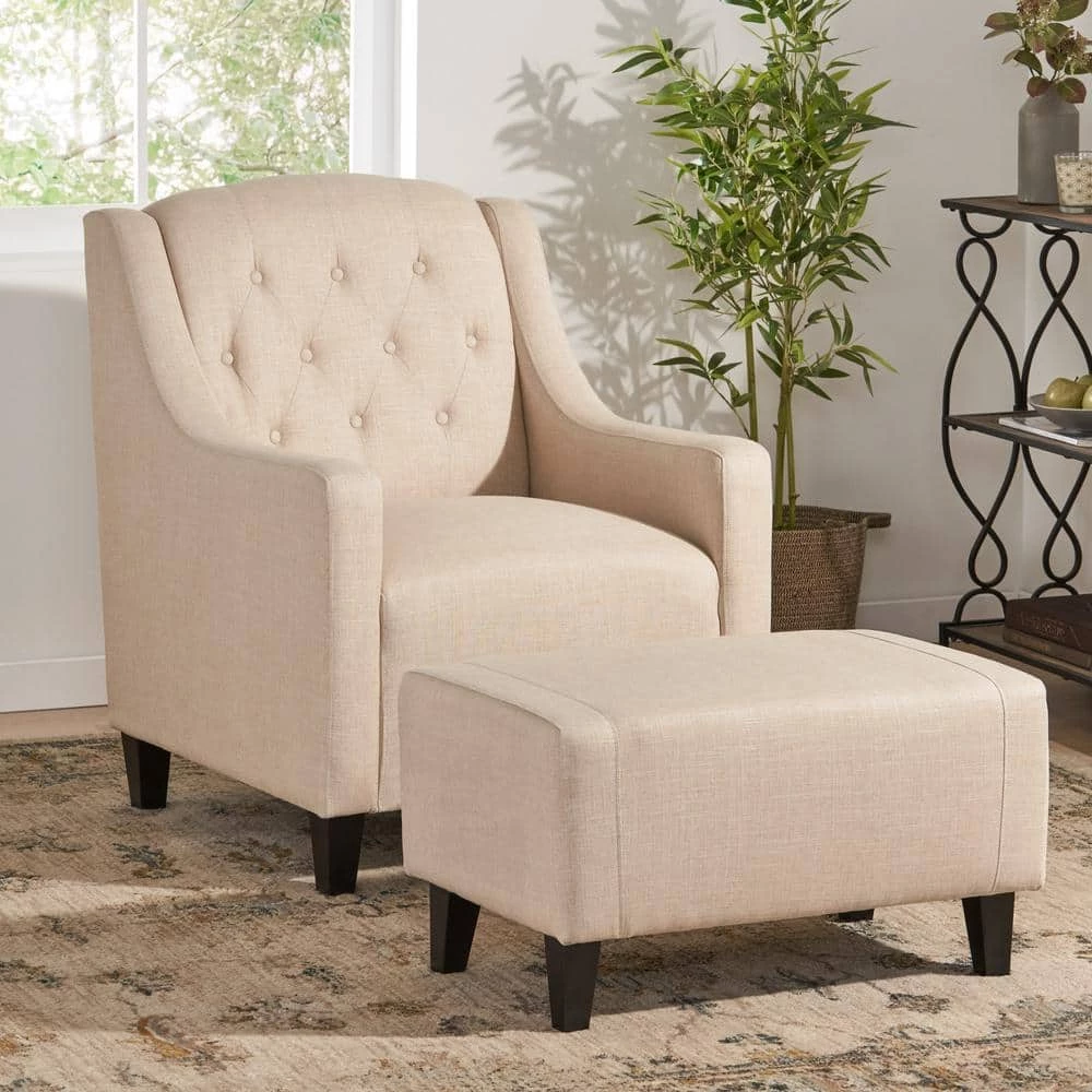 Elaine Light Beige Fabric Tufted Club Chair and Ottoman Set by Noble House - Image 11