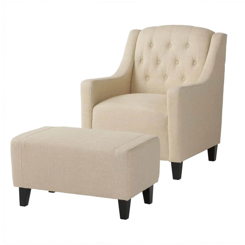 Elaine Light Beige Fabric Tufted Club Chair and Ottoman Set by Noble House