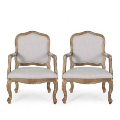 Joni Light Gray and Natural Upholstered Dining Armchair (Set of 2) by Noble House