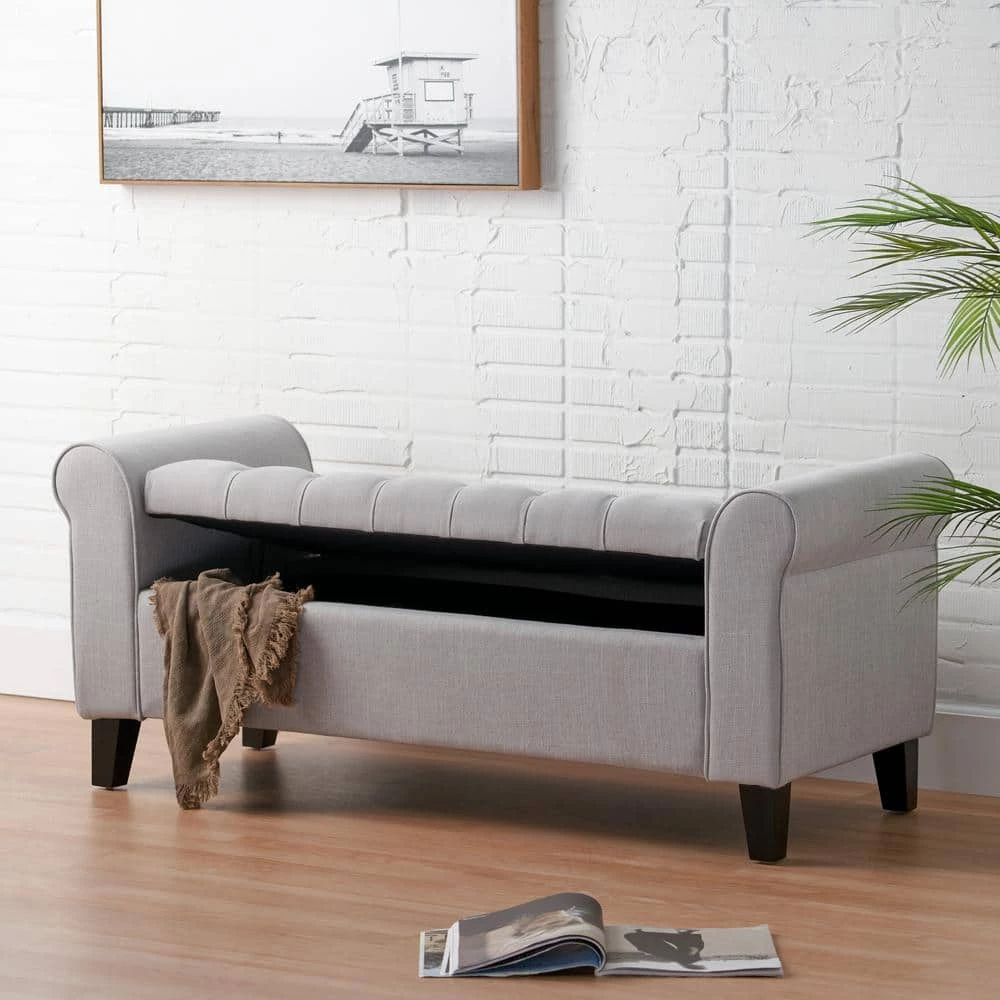 Light Gray Tufted Fabric Armed Storage Bench by Noble House - Image 13