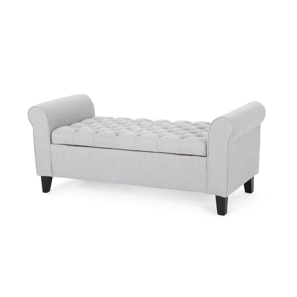 Light Gray Tufted Fabric Armed Storage Bench by Noble House
