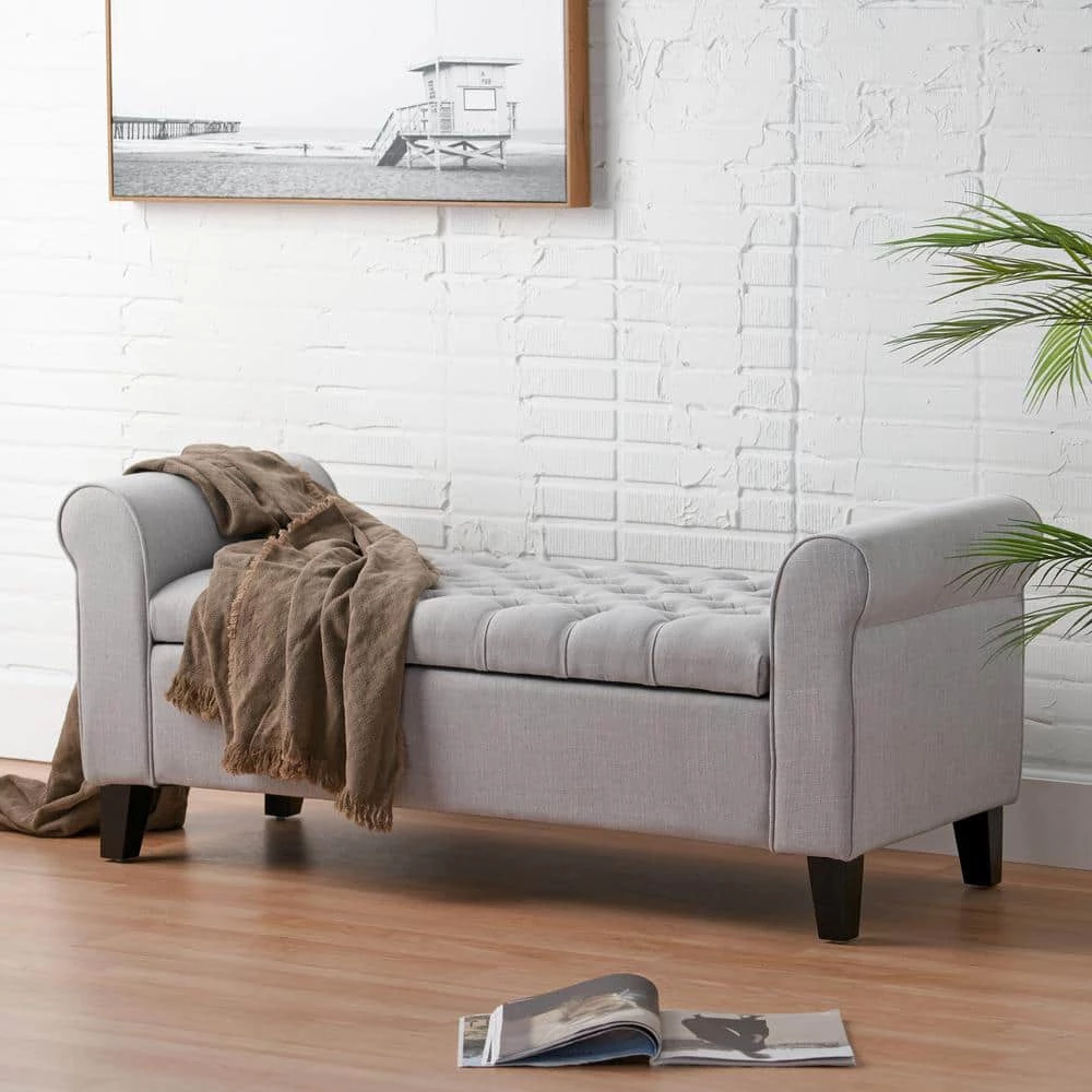 Light Gray Tufted Fabric Armed Storage Bench by Noble House - Image 6
