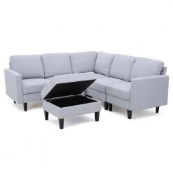 Zahra 6-Piece Light Gray Polyester 4-Seater L-Shaped Sectional Sofa with Ottoman by Noble House