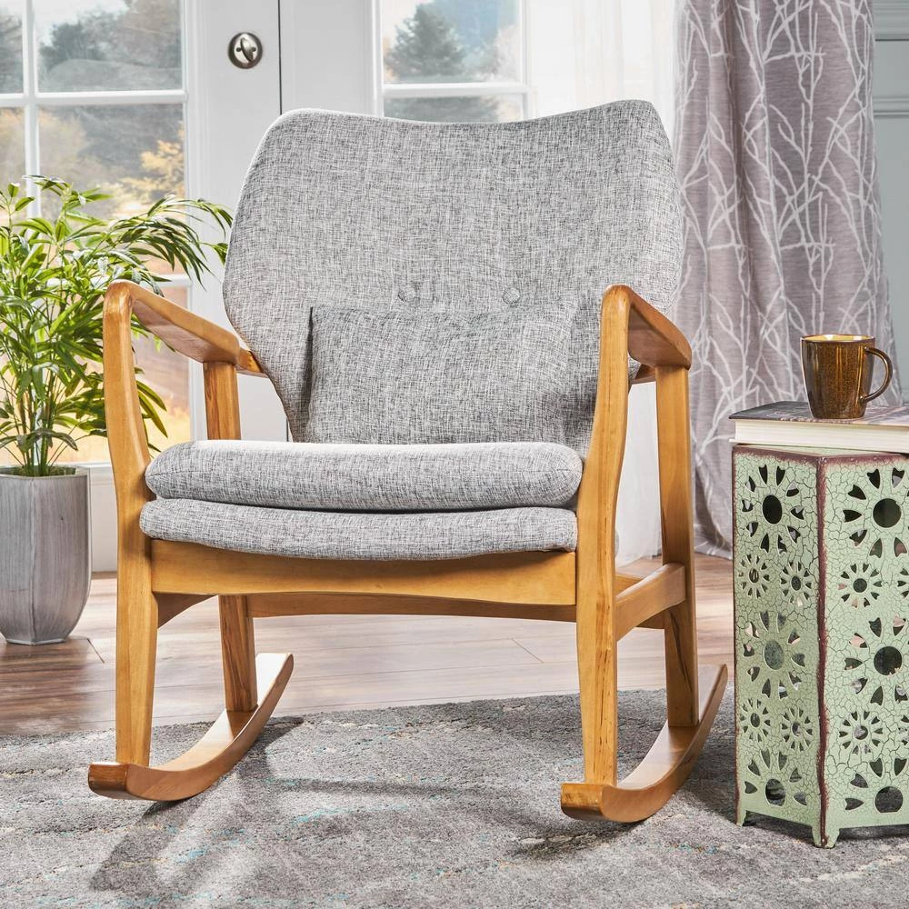 Benny Mid-Century Modern Light Gray Tweed Fabric Rocking Chair by Noble House - Image 5