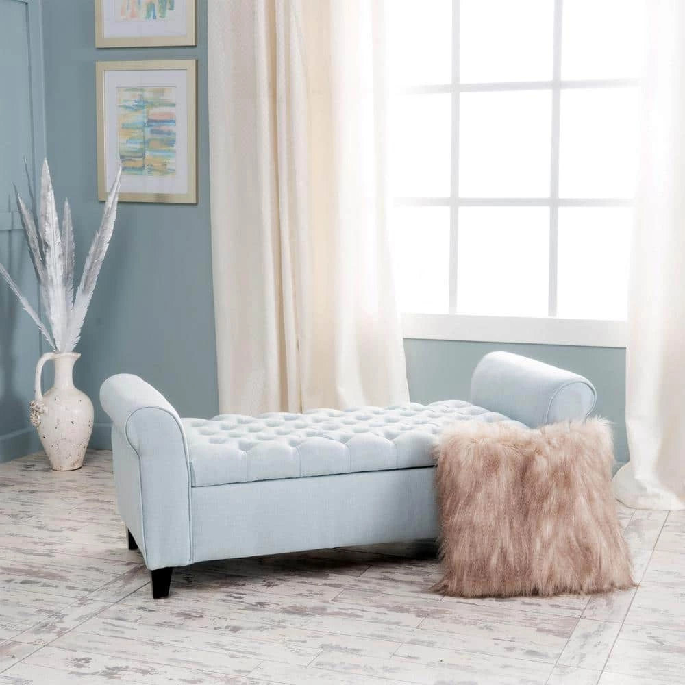 Keiko Tufted Light Sky Blue Fabric Armed Storage Bench by Noble House - Image 10