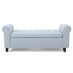 Keiko Tufted Light Sky Blue Fabric Armed Storage Bench by Noble House