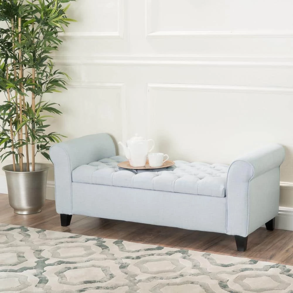 Keiko Tufted Light Sky Blue Fabric Armed Storage Bench by Noble House - Image 8