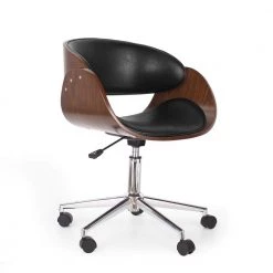 Acworth Midnight Black and Walnut Faux Leather Swivel Task Chairs by Noble House