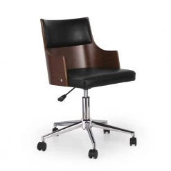 Waleska Midnight Black and Walnut Faux Leather Swivel Task Chairs by Noble House