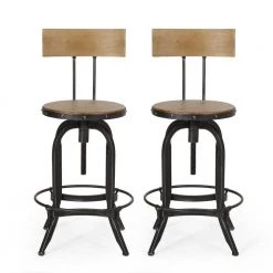 Andrew 39.25 in. Natural and Black Brushed Silver Adjustable Swivel Bar Stool (Set of 2) by Noble House