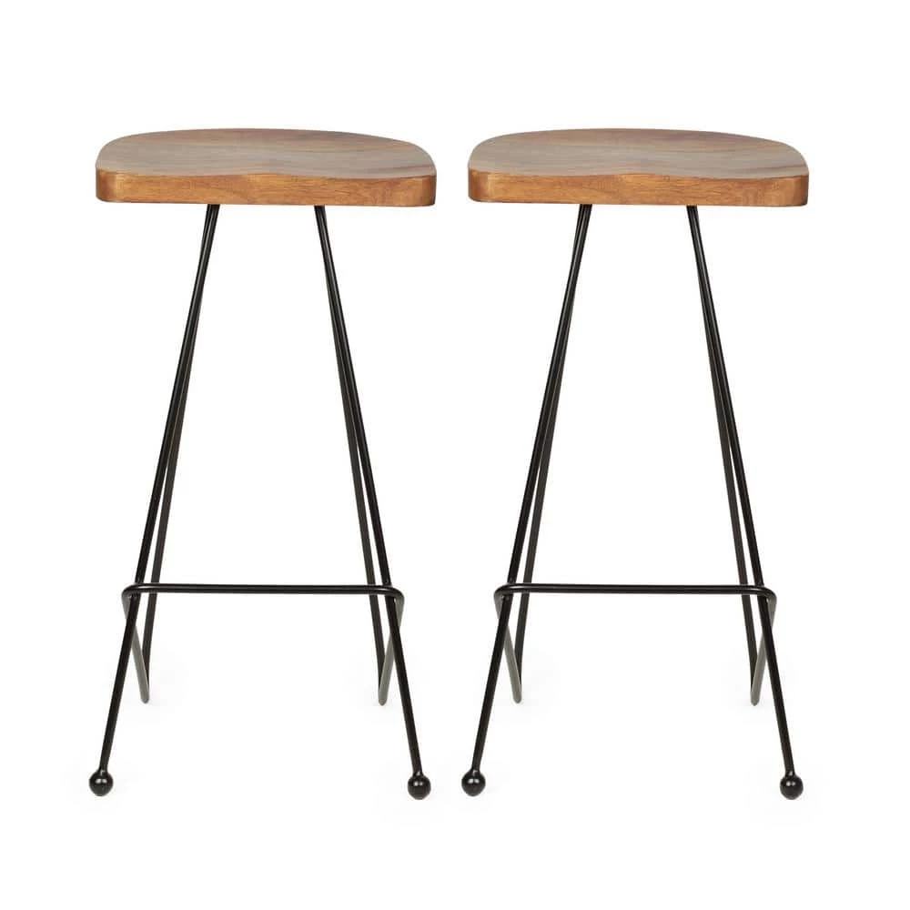 Royston 29.9 in. Natural and Black Backless Metal 28.75 in. Bar Stool with Wood Seat (Set of 2) by Noble House