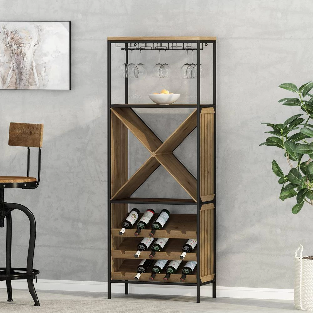 Rauser 15-Bottle Natural and Black Floor Wine Rack by Noble House - Image 10