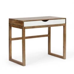 Archie 36 in. Natural and White Mango Wood 1-Drawer Writing Desk by Noble House