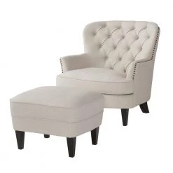 Tafton Natural Fabric Tufted Club Chair and Ottoman Set by Noble House
