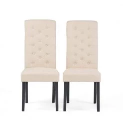 Toller Natural Fabric Tall-Back Tufted Dining Chair (Set of 2) by Noble House